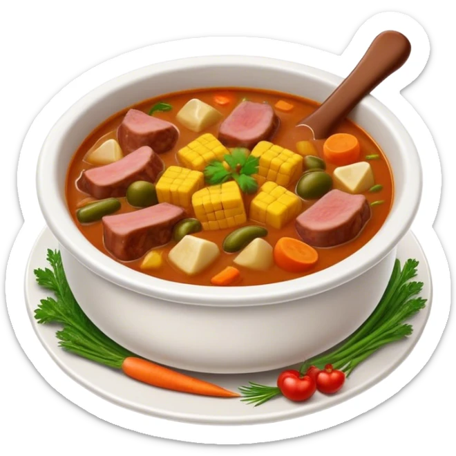 Cinematic Realistic Sancocho Soup Dish Emoji, featuring a rich, hearty stew with diverse meats and vegetables rendered with lifelike detail and warm, comforting lighting. sticker