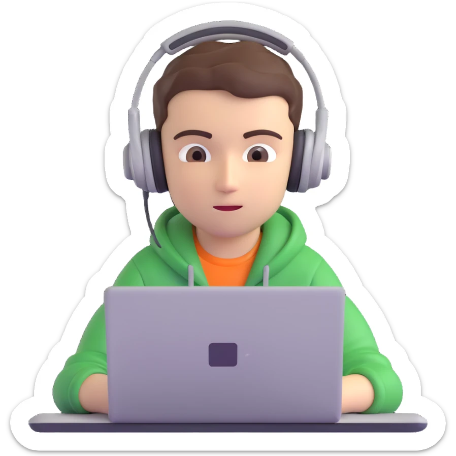 3D emoji style portrait of a focused student conducting an online exam, wearing headphones, sitting in front of a laptop, neutral background sticker