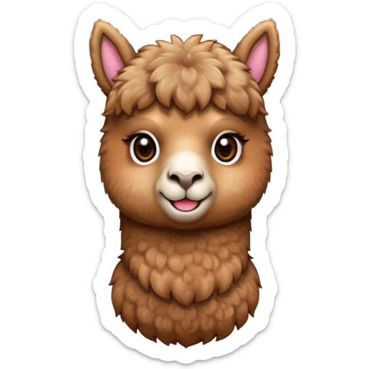 Cinematic Cute Brown Alpaca Portrait Emoji, Head tilted playfully and inquisitively, featuring a plush, rich brown fleece with a natural sheen, round, sparkling warm eyes filled with curiosity, Simplified yet irresistibly adorable features, highly detailed, glowing with a warm, friendly glow, high shine, affectionate and gentle, stylized with a touch of whimsy, bright and endearing, soft glowing outline, capturing the essence of a mischievous yet loving alpaca, so playful it feels like it could prance out of the screen and into your arms! sticker
