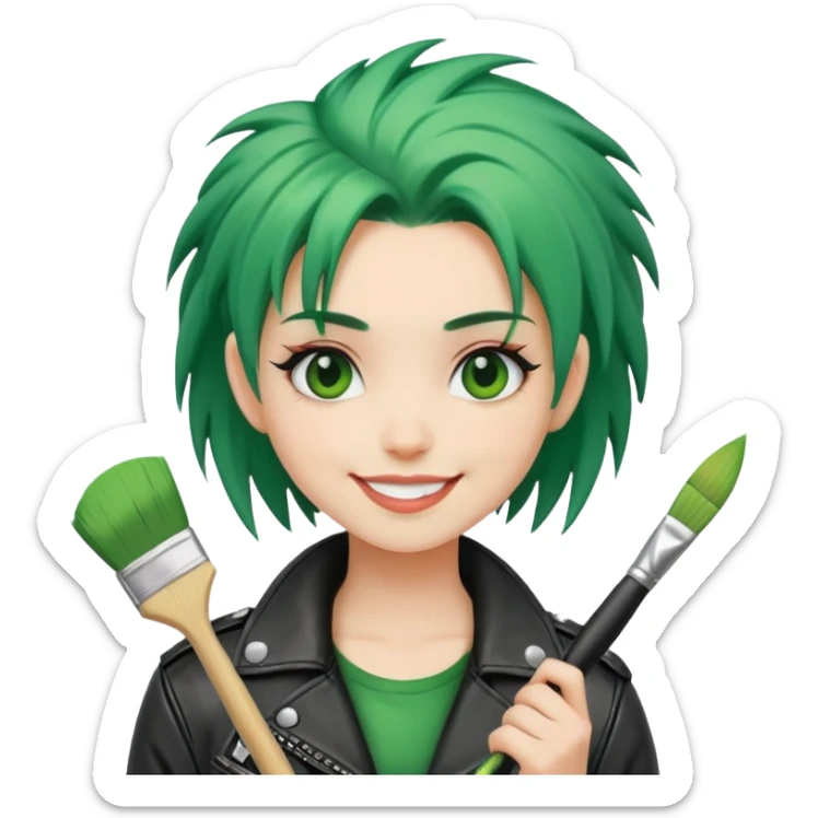 punk-girl with green hair in leather jacket with brush smiling  sticker