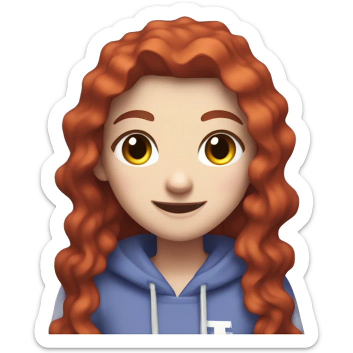 a white girl with long red curly hair and freckles, wearing periwinkle Minecraft hoodie playing a videogame smiling sticker