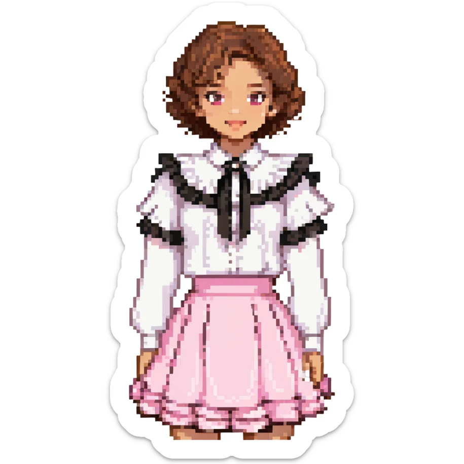 light skin girl, brown eyes, short curly brown hair, white blouse with ruffles, pink skirt with ruffles sticker