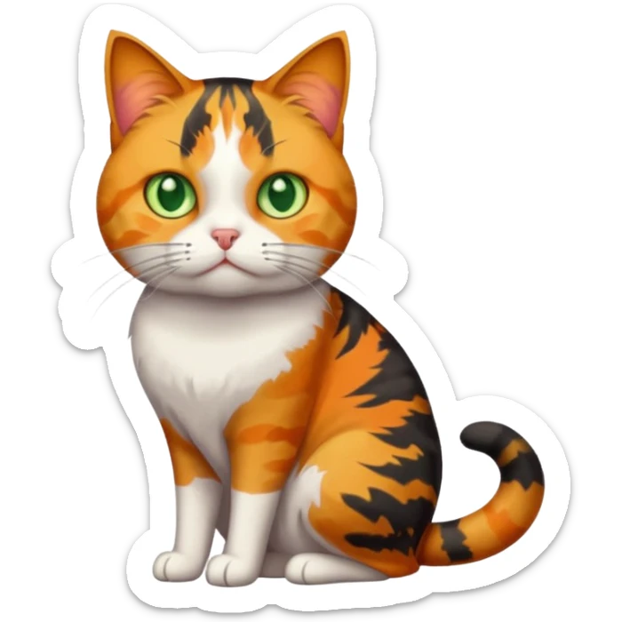 full body colourful calico tabby cat with skinny head and fat body with an anxious face sticker