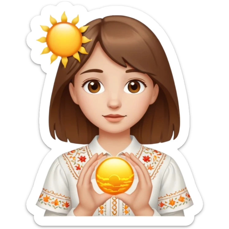 A young Ukrainian girl with brown hair wearing a white embroidered shirt holds the sun in her hands sticker
