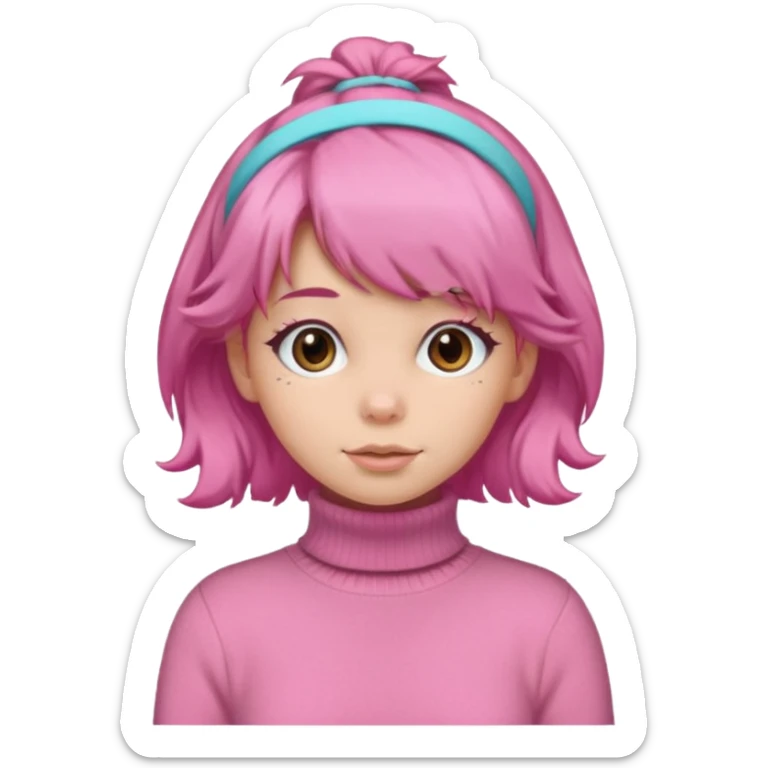 brown fluffy haired girl with pink turtleneck sweater and pink hair band sticker