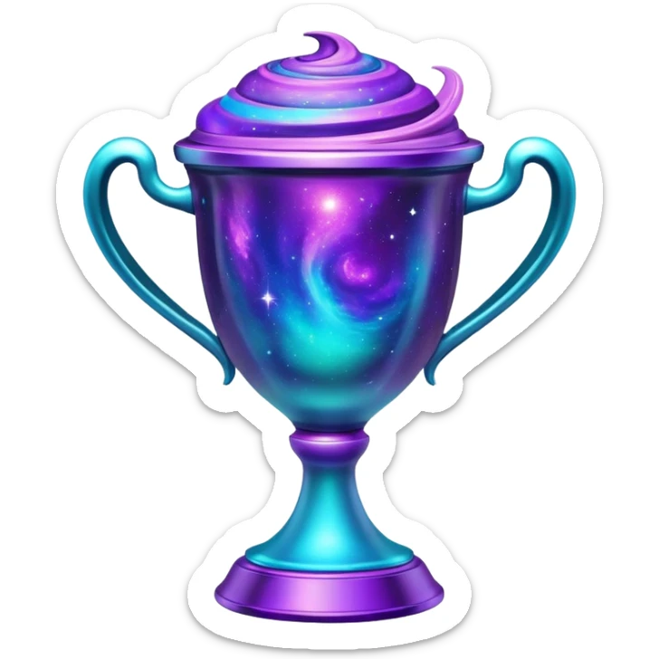 A futuristic alien trophy cup with swirling cosmic nebula colors, purple, blue and teal galaxy patterns sticker