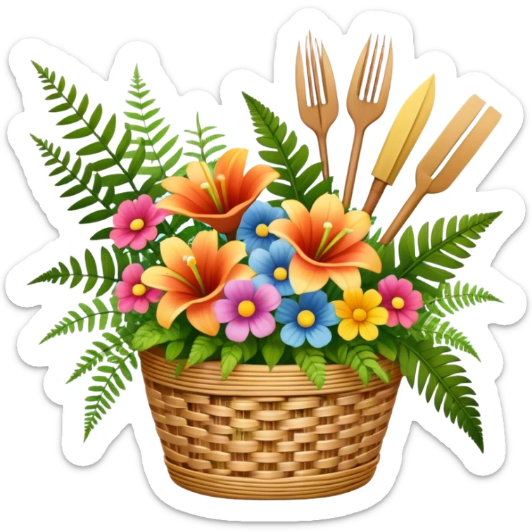 Icon for Floristry: a bouquet of flowers in a woven basket, with reeds, ferns, and floral arranging tools like scissors and a flower stem. The icon should represent creativity in flower design and arranging. Transparent background. sticker