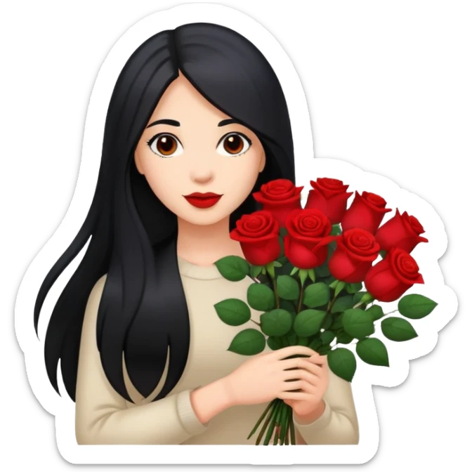 A beautiful girl with long black hair holding a bouquet of roses sticker