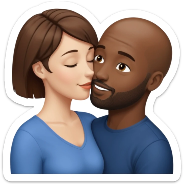 a white woman with short brown hair and a black man with no hair and a beard are facing one each other.  The woman is giving a kiss to the man's forehead sticker