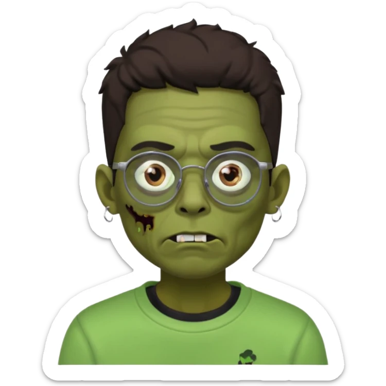 Chico moreno zombie, con gafas y sudadera negra, dos aretes en la oreja izquierda y dos en la derecha, ojeras en los ojos y sticker