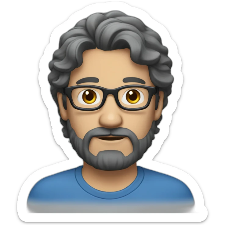 40-year-old man with long, gray, black hair. He wears blue glasses and has neither a mustache nor a beard. sticker