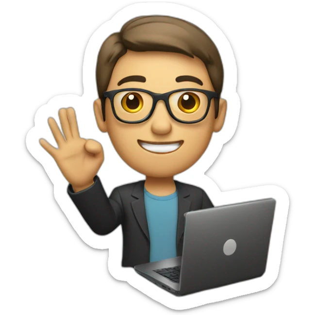 man wearing glasses and holding a computer in his right hand and signaling OK with his left hand sticker