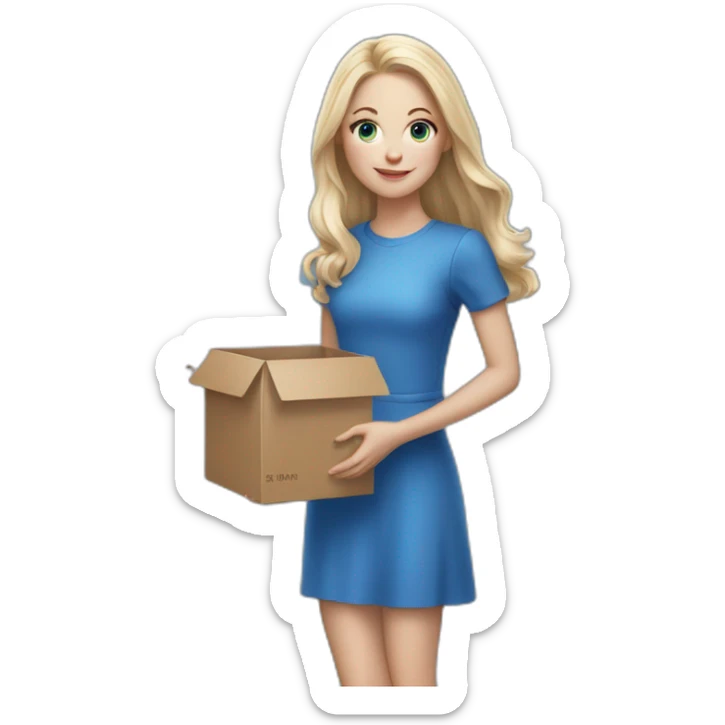 realistic white blode long hair girl in a blue dress holding a box with effort sticker