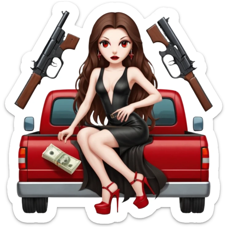 Lilith symbol red eye seductress evil long brown haired sexy succubus woman with leather long dress with slit on, sitting in Big Large F350 pickup truck. Platform high heels in feet. Back seat full of stacks of cash, she is  Holding a human skull of her enemies and a gun in other hand sticker