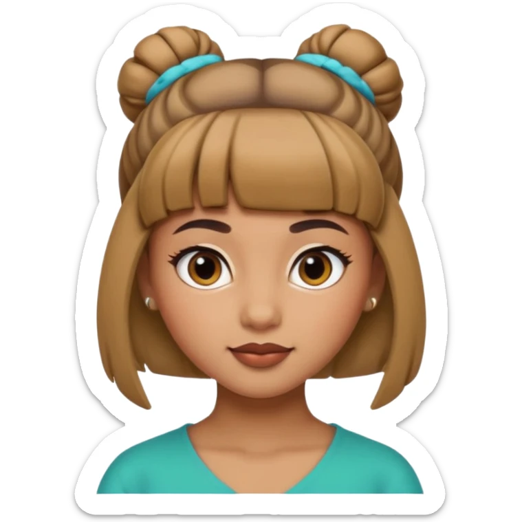 In Apple Memoji format, a girl with bangs and her hair in a bun. The girl has light brown skin and arab ethnic features sticker