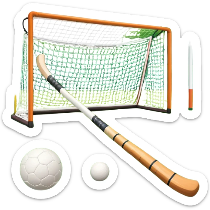 A field hockey stick and ball resting on a well-maintained grass field, with the goalposts and markings visible in the background. The scene highlights the precision and focus of the sport, with the vibrant green pitch creating a dynamic atmosphere. sticker