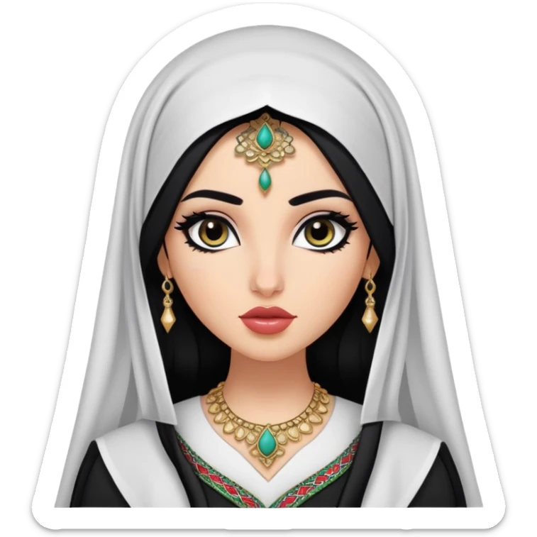 Arab nose, pretty lips, tatreez palestinian clothes, fair skin,  long black hair, veil, pretty bratz baddie, black eyeliner sticker