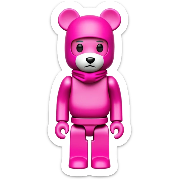 bearbrick toy figure wearing a bright pink balaclava, blocky bear collectible toy sticker