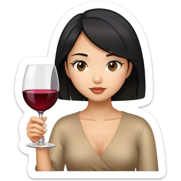 tan asian girl with black hair holding glass of wine sticker