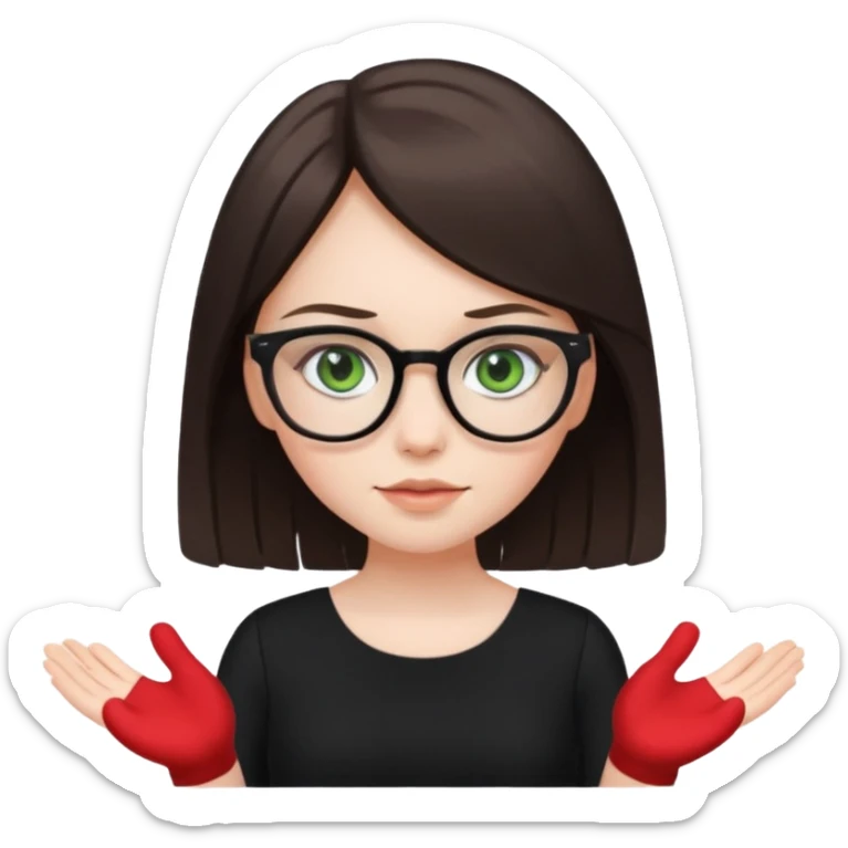 a cute white brunette girl with green eyes in a black dress wearing glasses  with two hands  sticker