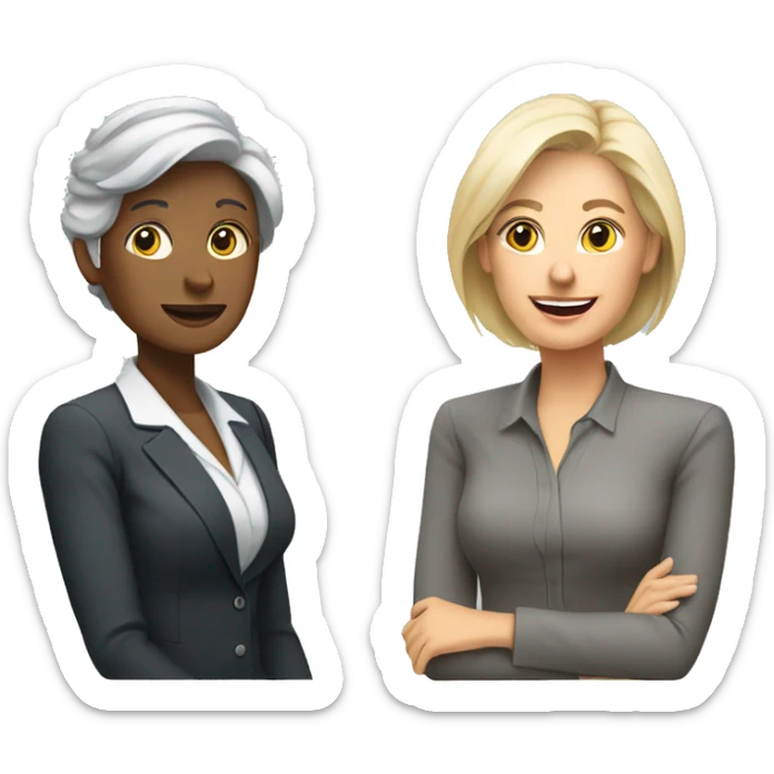 2 women talking job interview semi casual ,older woman grey hair and younger woman blonde hair sitting  sticker