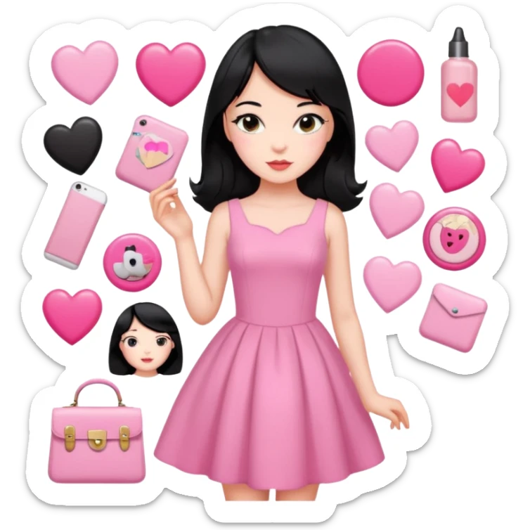 Vintage girly pink stickers, coquette, girl with black hair, fair skin, daily life sticker