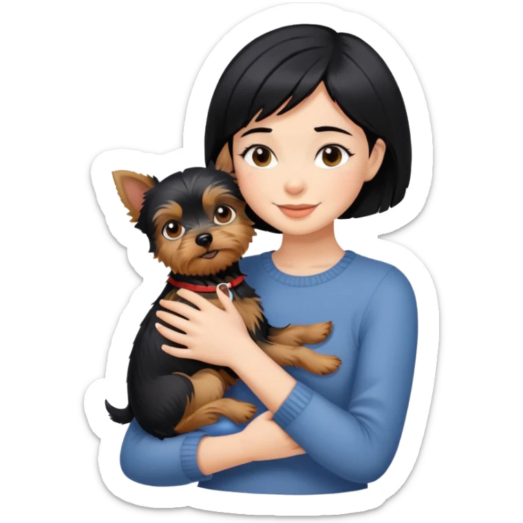 A beautiful girl with short black hair happily hugs a Yorkshire Terrier sticker