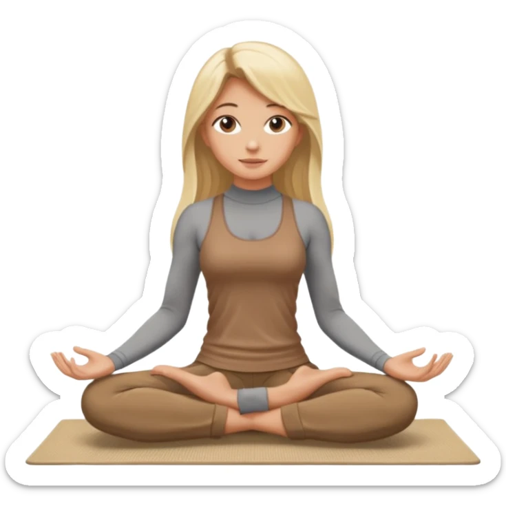 Blonde long hair girl sitting on a beige rug doing yoga, brown clothes sticker