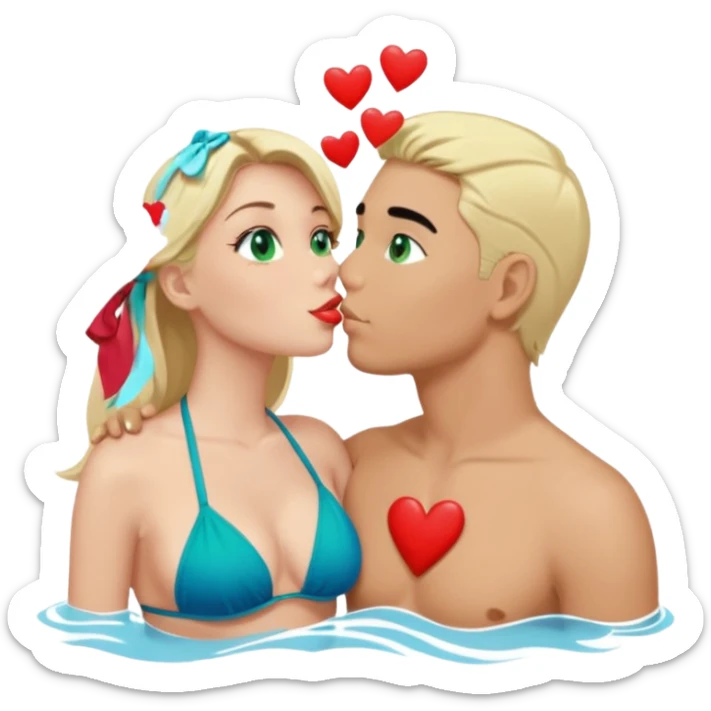 Blonde Queen with crown Green eyes blue Bikini whole body Kissing man black Hair Hearts sticker