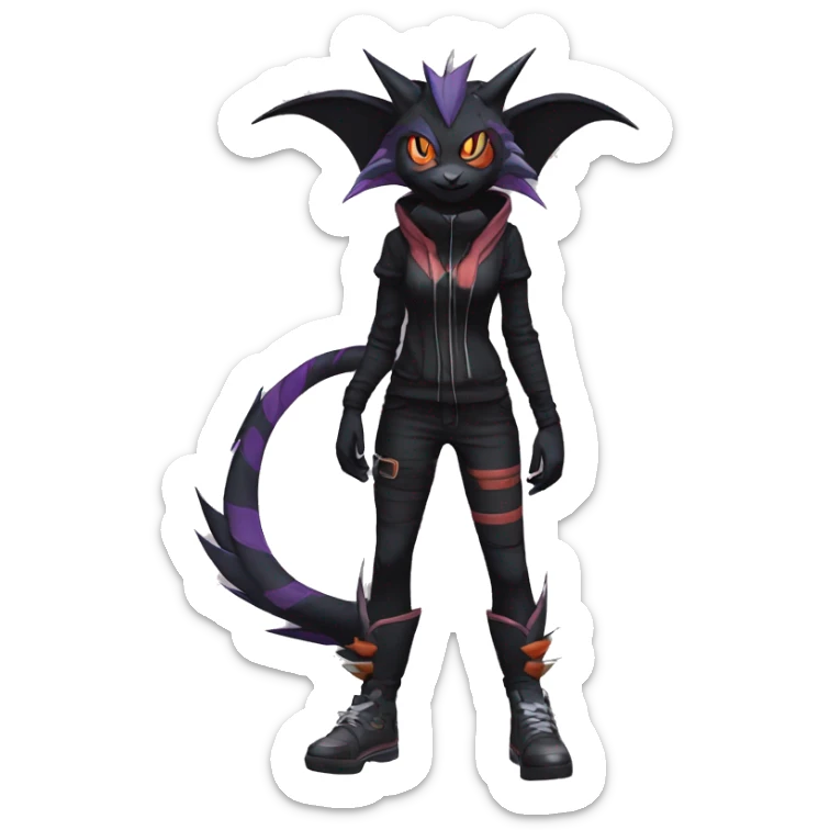 Cool Anthro Black Noivern-Quiana-Litten-Pokémon with edgy stripes hoodie spiked collar punk Full Body sticker