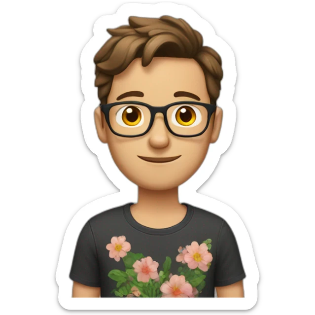 german guy with short brown hair up wearing glasses and dark t-shirt with flowers print sticker