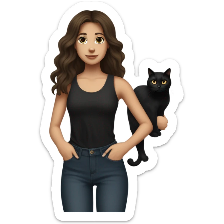 tall skinny brunette haired girl with brown eyes medium wavy hair and middle part curtain bangs wearing dark wash jeans and black high neck tank top and black mary jane heel shoes standing and holding fat black cat with white spot on its belly sticker