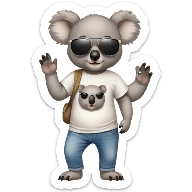 anthropomorphised koala in a band t-shirt and jeans with dark sunglasses walking upright relaxed pose sticker