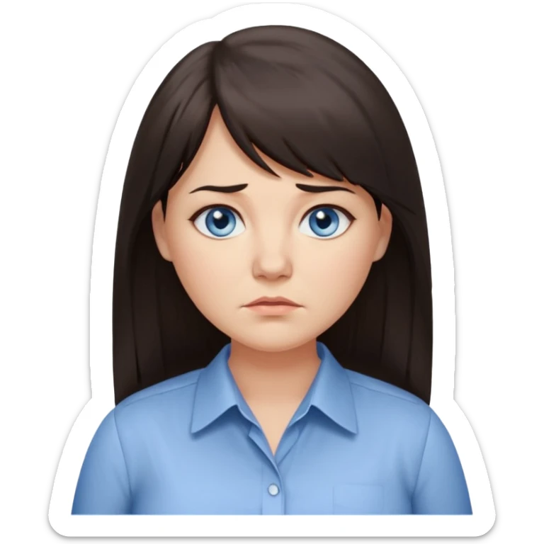 40 yr old woman, blue eyes, long straight dark brown hair, business shirt, chubby, bangs, long hair, tired sticker