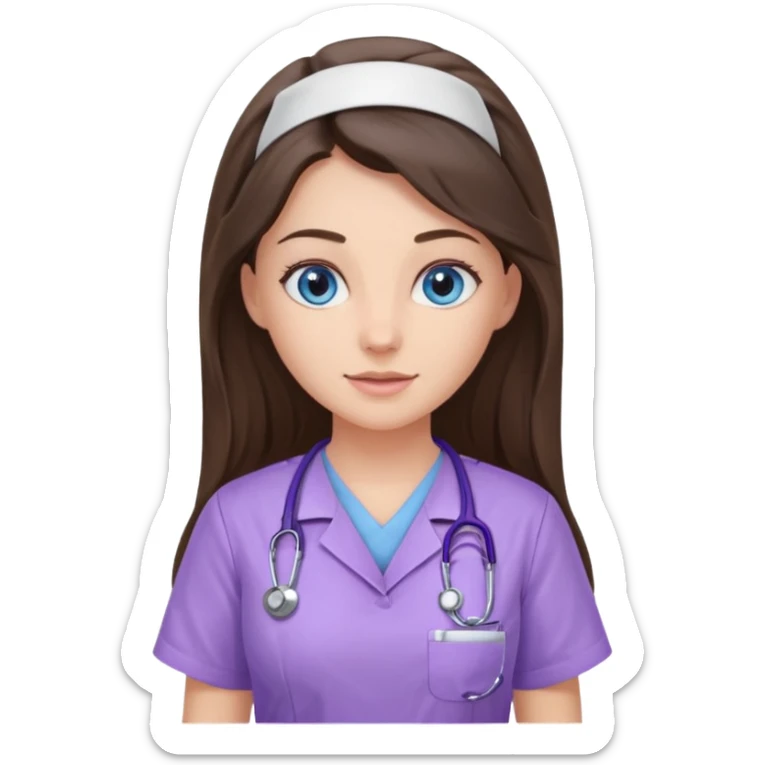 pretty brunette nurse with long hair and blue eyes in lilac scrubs sticker