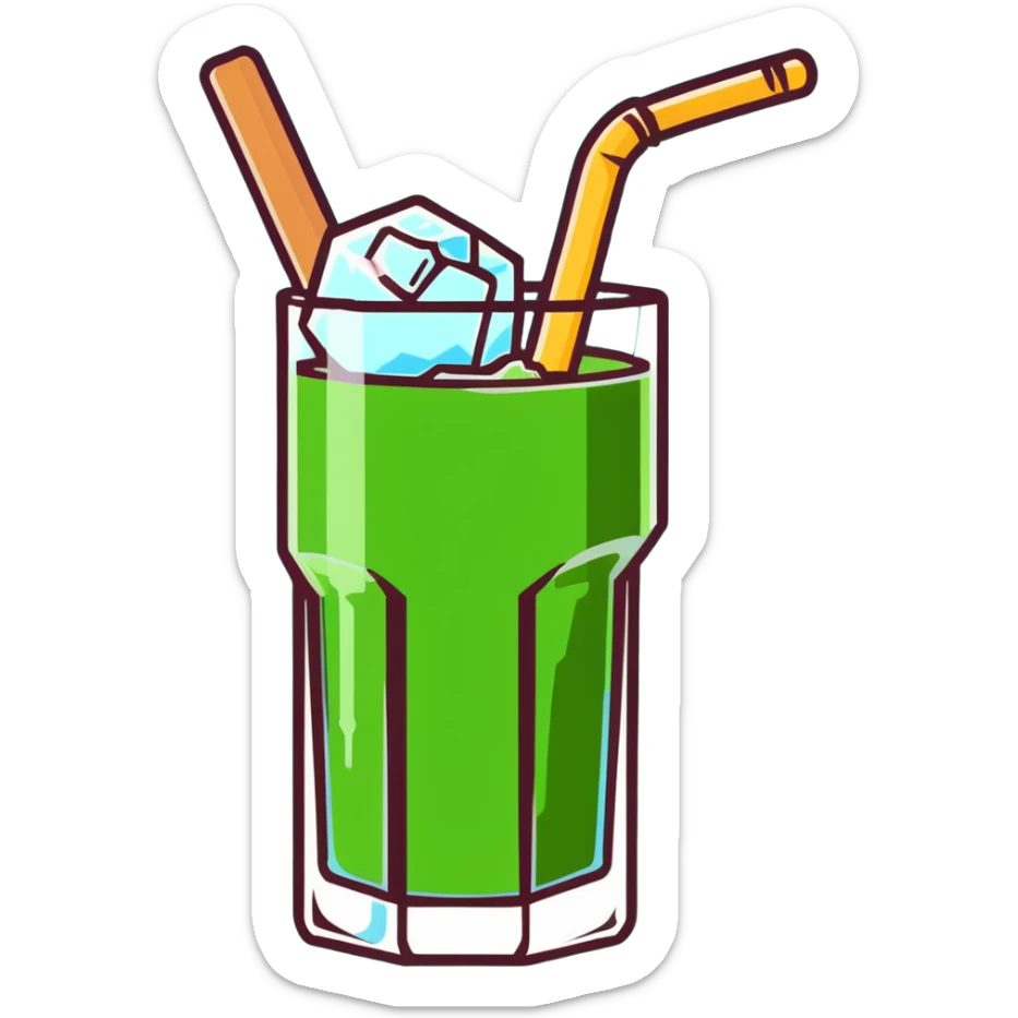 Tall glass of sweet sugarcane juice with ice cubes, light green liquid, straw, and sugar cane stalks beside it sticker