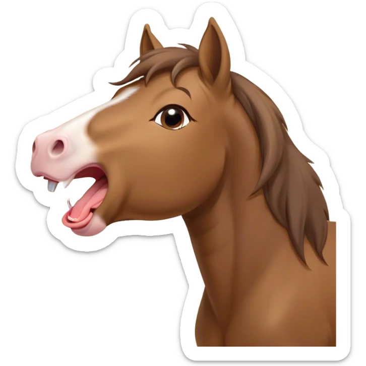 Cinematic Cute Yawning Brown Welsh Pony Portrait Emoji, Head tilted slightly with a dramatic, wide-open yawn, showcasing a sturdy, brown-colored form with softly drooping ears and sleepy, half-closed eyes, Simplified yet irresistibly adorable features, highly detailed, glowing with a soft, cozy earthy glow, high shine, relaxed yet expressive, stylized with a dash of rustic charm, soft glowing outline, capturing the essence of a drowsy yet affectionate brown Welsh pony that appears ready to stretch and yawn its way off the screen! sticker