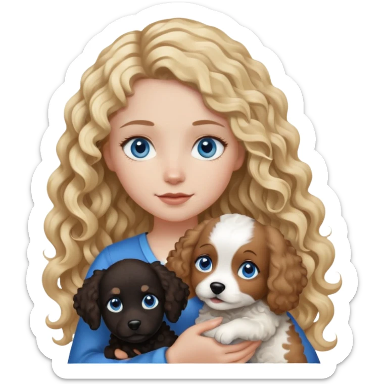 Girl with long curly blonde hair and blue eyes holding black white and brown dog  sticker
