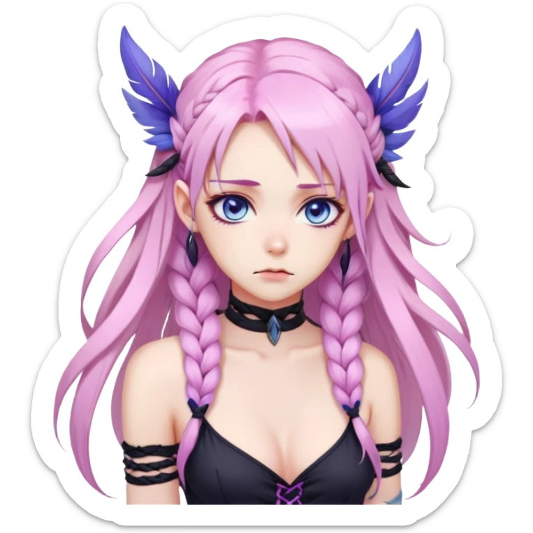 Gorgeous anime lady long-pale-pastel-pink-hair with one braid on each side, grumpy expression, purple-pink feather-ear-cuffs in hair, black bodysuit, blue eyes, pink iris, ethereal, fantasy, sticker