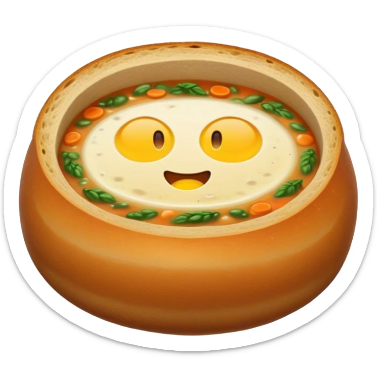 Żurek Cinematic Realistic Żurek Soup Dish Emoji, depicted as a tangy rye soup served inside a hollowed-out round loaf of bread, rendered with rich textures and dynamic, comforting lighting. sticker