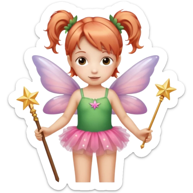 Little girl with fairy wings, wand, and tutu. She has strawberry blond hair with pig tails.  sticker