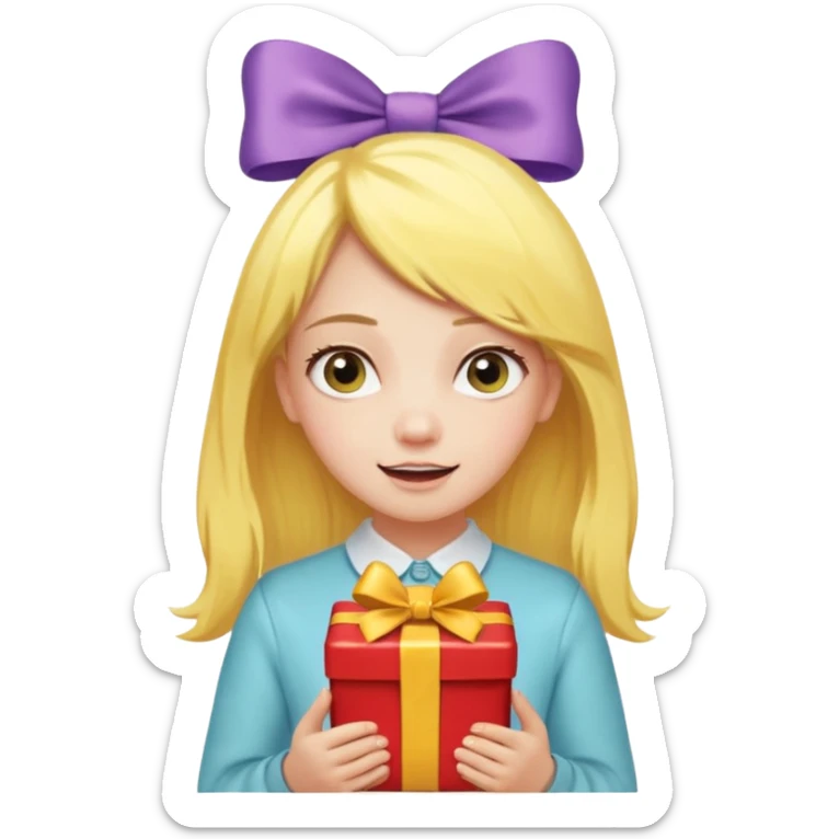 🥳🎀  sarı saçlı kız p saçının üstünde toka var tokat atmış iyi ki doğdun teyzeciğim diyor hem hediye var elimde çok kafasına tokat atmış sticker