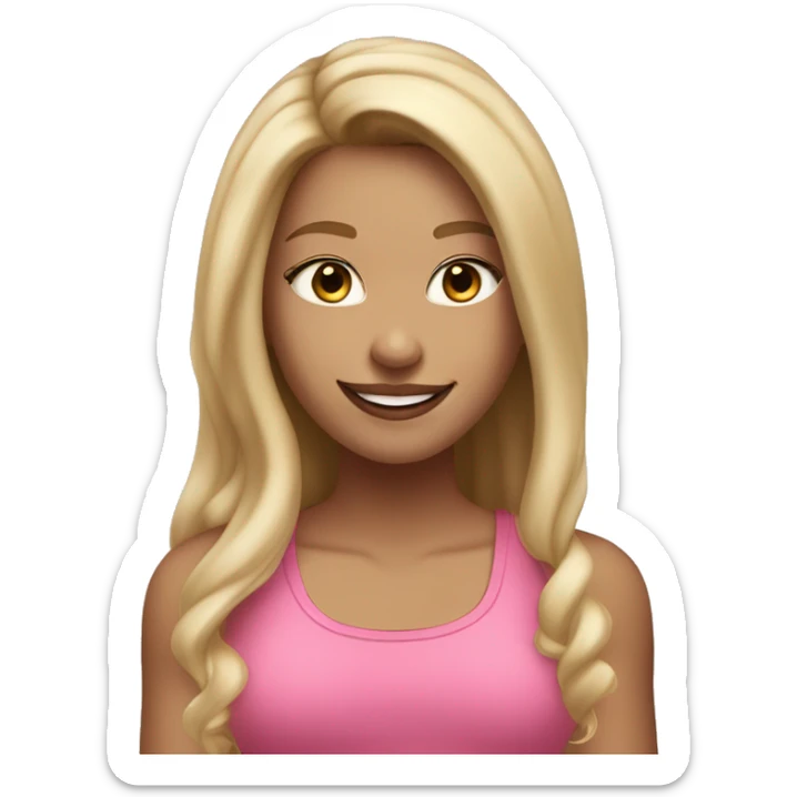 Girl with pink tank top and lighter skin straight dirty blonde hair with light blonde highlights with makeup smiling and long hair sticker