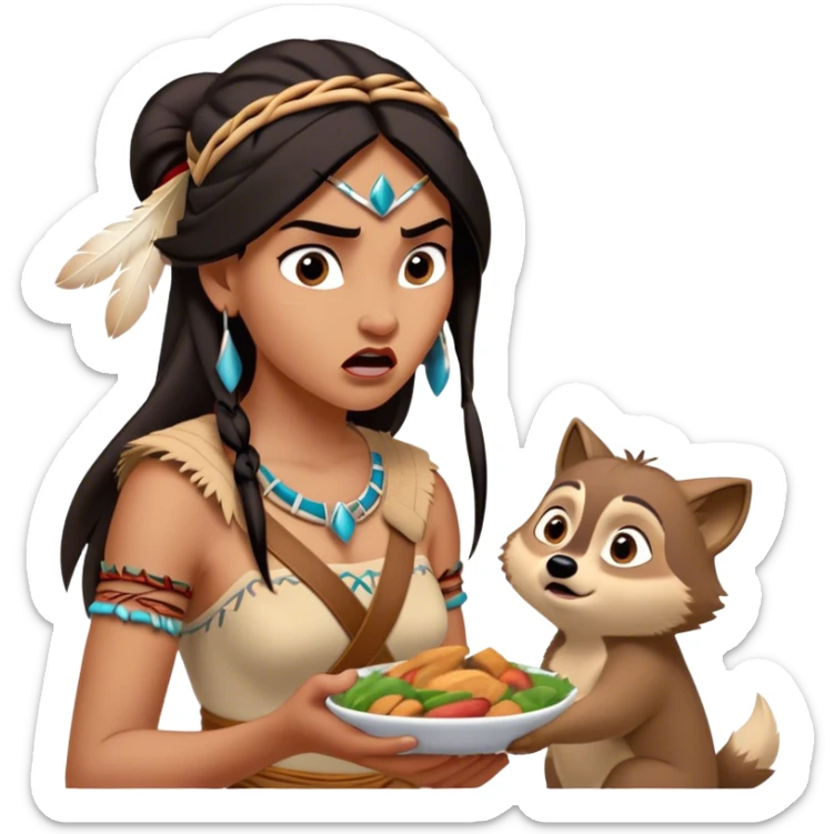 Cinematic Funny Pocahontas Portrait Emoji, Looking bewildered as Meeko steals her food, one brow raised in playful frustration, a warrior princess caught in a hilariously relatable moment, wild yet endearing! sticker