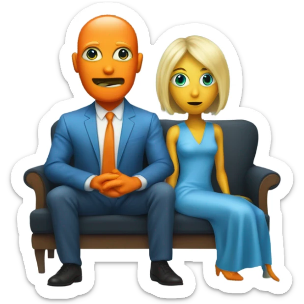 blonde alien reptilian woman in orange dress and humman man in blue, sitting on a couch  sticker