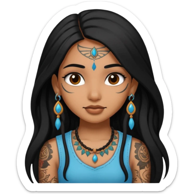 an ios genmoji for a pretty  indian girl with black long hair  tattooed, beautiful girl sticker
