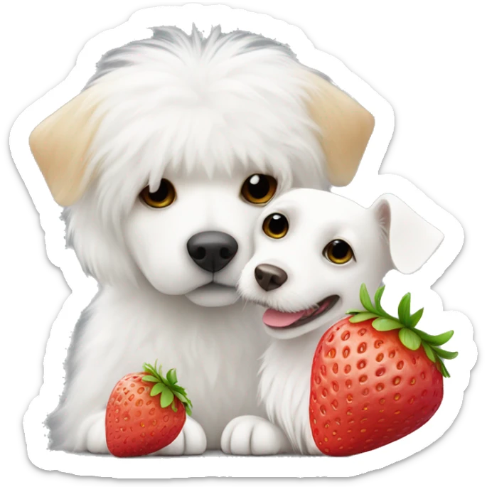 White furry dog with strawberry on its head kissing another white furry dog sticker