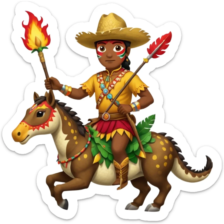 Male Chief Osceola wearing traditional Seminole garb and face paint , riding Appaloosa horse and planting a spear with feathers and flames on tail, into an alligator sticker