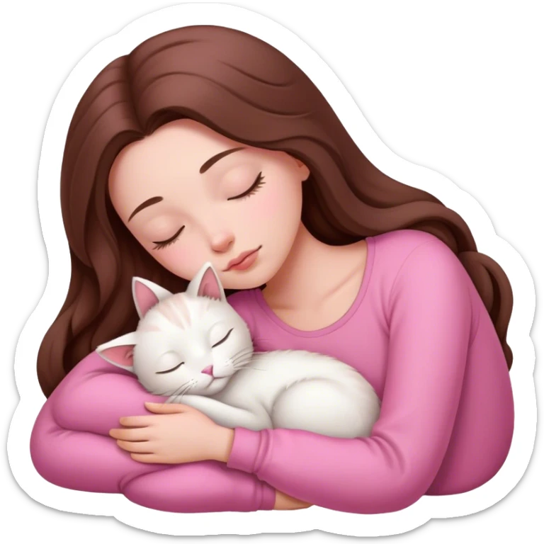 A pretty white girl with very long brown hair and pink clothing sleeping curled up to a white cat  sticker