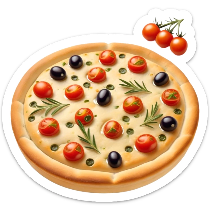 cinematic-realistic-focaccia-bread-dish-emoji,-depicted-as-a-golden,-olive-oil-brushed-flatbread-sprinkled-with-herbs-rendered-with-lifelike-texture-and-soft,-appetizing-lighting showing olives on top and the cherry tomatoes sticker